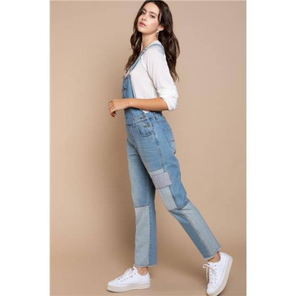 * NWT * POL Slim Leg Denim Overalls, Patchwork Look, Raw Hem, 100% Cotton - Picture 2 of 4